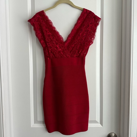 bebe Dresses & Skirts - BEBE Red Lace Bandage Bodycon Mini Dress